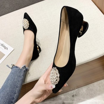 Womens Pumps Solid Pointed Toe Suede Chunky High Heels Rhinestone Black